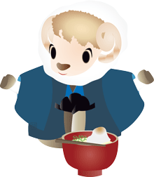 可愛い男の子のひつじのキャラクターがお雑煮を持っているイラストです