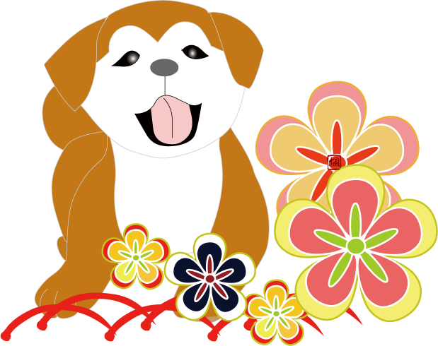 犬張り子と日本犬の子犬に紅型や和風の菊の着物柄のイラスト