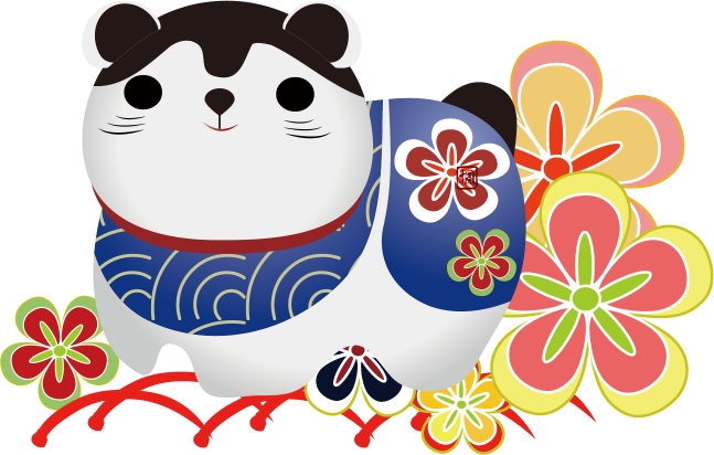 犬張り子と日本犬の子犬に紅型や和風の菊の着物柄のイラスト