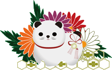 和柄の菊の花と白い犬の置物のイラスト