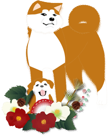 日本犬と子犬と椿の花