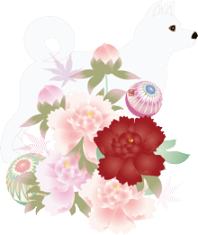 白い日本犬と牡丹の花と手毬のイラスト