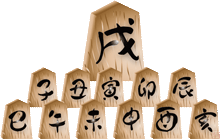 >戌の文字の入った将棋の駒と十二支の文字を入れた飾りのイラスト