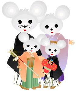 着物を着たねずみのキャラクター4人家族のイラスト