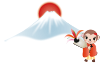 可愛い女の子のキャラクターが振袖で羽根つきをしているイラストに富士山