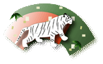 グリーンとオレンジの扇を2枚重ねた中央に横向きの白い虎のイラスト