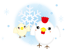 可愛い親子のひよこと鶏と雪の結晶