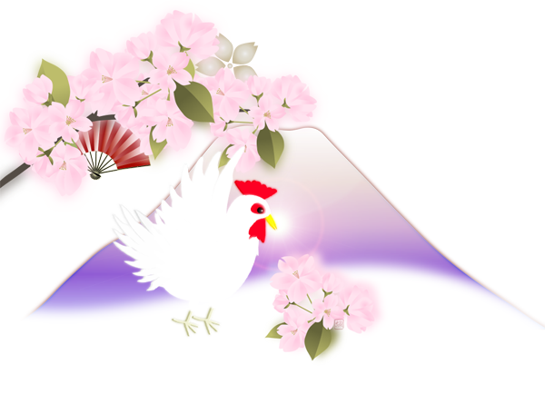 酉 とり 富士山にお正月飾りと鶏のイラスト