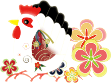 鶏の置物と紅型のイラスト