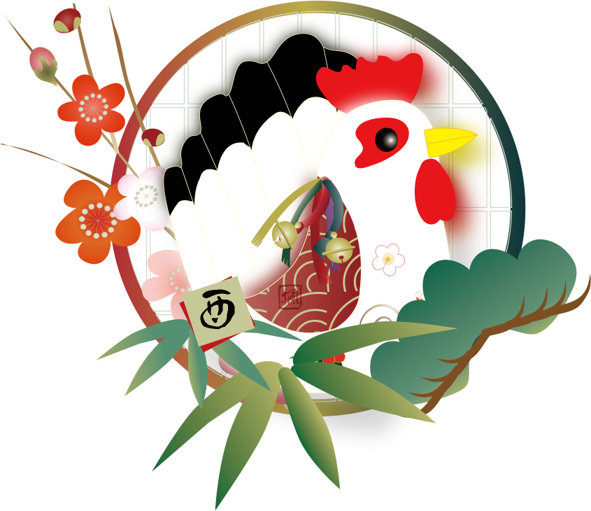 鶏と松竹梅と椿の花のイラスト