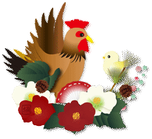 茶の鶏とヒヨコと椿の花
