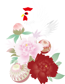 白い鶏と牡丹の花と手まりのイラスト