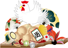 白い鶏と俵飾りのイラスト　左向き