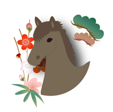 胸から上の茶色の馬に背景に松竹梅のイラスト