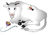 白い牛の背中に羽根　手前に独楽を添えたイラスト
