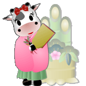 門松の前で羽子板と羽根を持って首をかしげている赤いリボンをつけて着物を着た牛の女子のキャラクターのイラスト