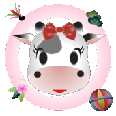ピンクの円形の中に可愛い女の子の牛のキャラクターの顔と羽根と松竹梅と毬のイラスト