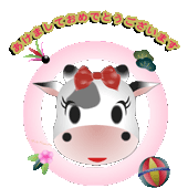 ピンクの円形の中に可愛い女の子の牛のキャラクターの顔と羽根と松竹梅と毬のイラストとあけましておめでとうございますの文字入り