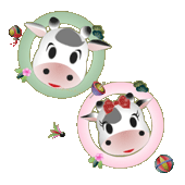 可愛い男の子と女の子の牛のキャラクターと緑とピンクの円形と縁起物のイラスト