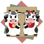 可愛い男の子の牛と女の子の牛のキャラクターが手招きをしているイラスト　背景は赤緑茶色の正方形の色紙